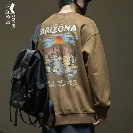 美式复古水洗重磅麂皮绒卫衣男戈壁探险图案秋季宽松大码打底衫潮图片