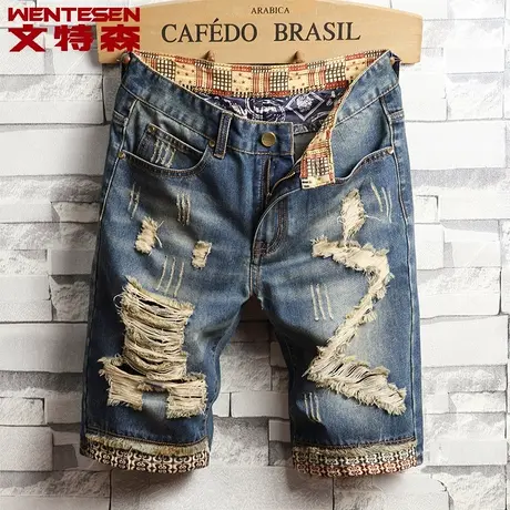 2023夏季新款韩版潮流破洞五分裤子男潮牌乞丐裤男装休闲短裤子男商品大图