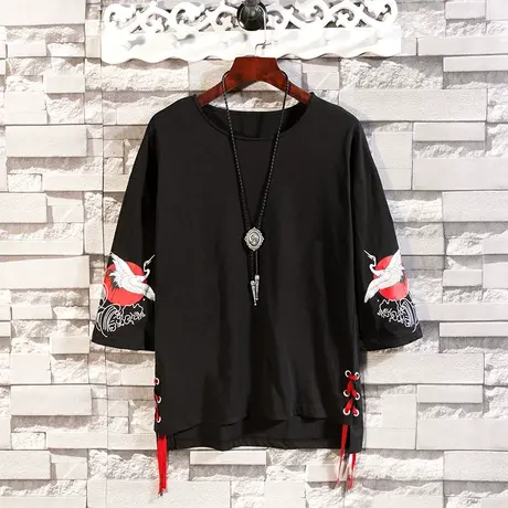 中国风短袖潮男宽松嘻哈国潮仙鹤印花复古风五分袖T恤夏季男装图片