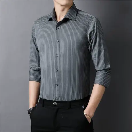 春秋季长袖条纹衬衫男韩版修身复古工装潮牌休闲新款百搭潮流衬衣商品大图