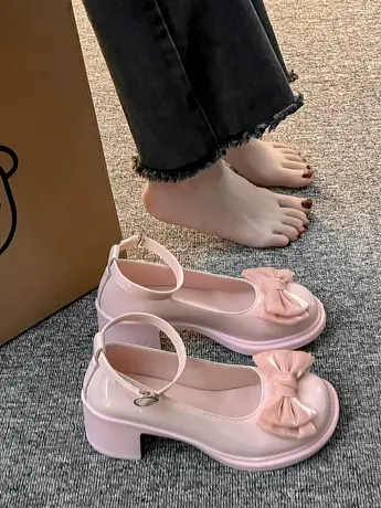 玛丽珍高跟鞋女2023春季新款圆头粗跟粉色单鞋英伦风复古jk小皮鞋商品大图