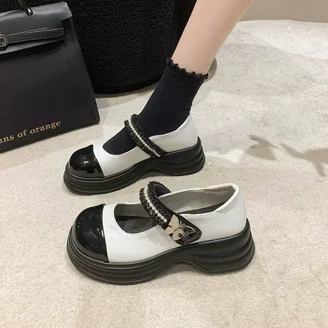 英伦风小皮鞋女2023年新款夏季百搭厚底增高单鞋拼色浅口玛丽珍鞋商品大图
