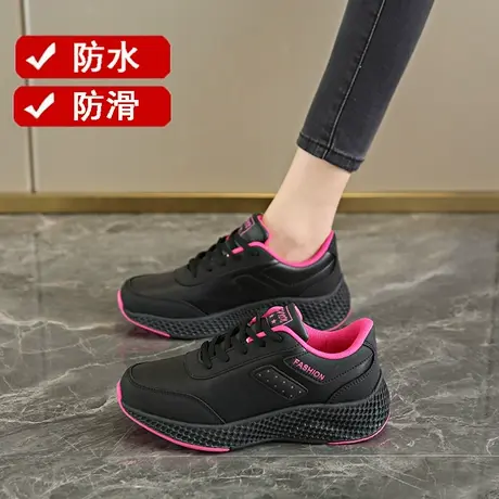 老北京运动鞋女春秋防水防滑妈妈厨房工作鞋软底黑色皮面旅游鞋子图片