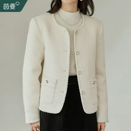 茵曼白鸭绒小香风短款羽绒服女2023冬季新款粗花呢子大衣保暖外套图片