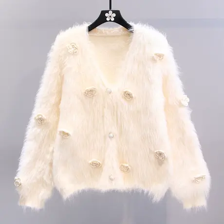 立体花朵水貂绒V领毛衣外套女秋冬2023新款宽松软糯减龄针织开衫图片