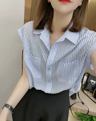 设计感小众竖条纹衬衫女2023年夏季新款时尚简约小衫宽松显瘦上衣图片