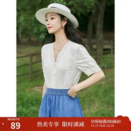 茵曼法式气质重工绣花衬衣2023夏女装新款镂空花边V领泡泡袖上衣商品大图