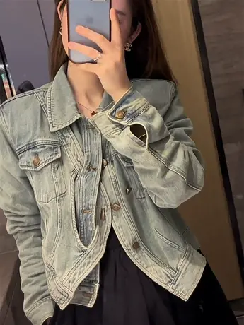 2023新款春季小众百搭美式复古炸街设计感高级做旧蓝牛仔短外套女图片