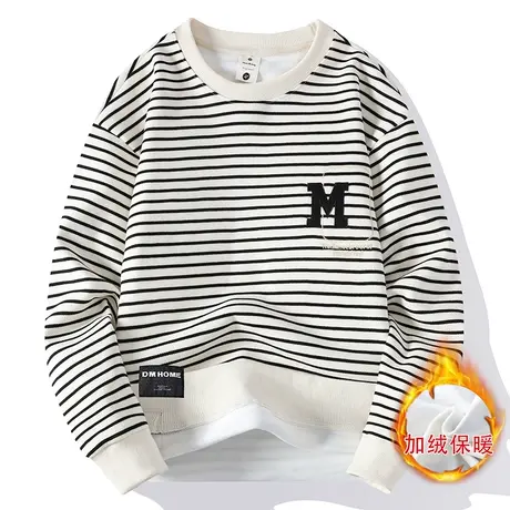 2022秋冬新款休闲潮流宽松上衣男士短款圆领套头条纹加绒卫衣男潮商品大图