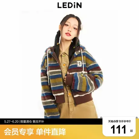 乐町复古条纹保暖短外套短款连帽开衫外套C2AED4132图片