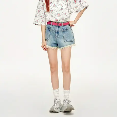 乐町夏季新款立体口袋宽松牛仔短裤女C2HBE2337图片