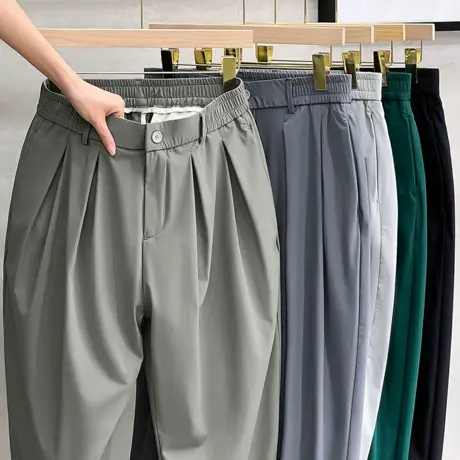 冰丝夏季速干男士休闲裤潮流宽松男轻熟风双折九分哈伦裤男小西裤图片