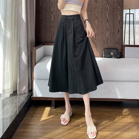 亚麻气质半身裙女夏季薄款高腰显瘦宽松休闲冰丝a字开叉中长伞裙图片