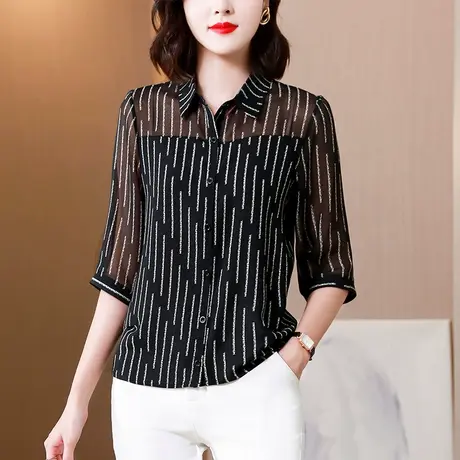 2023新款夏装七分袖雪纺衫女上衣大码宽松女装中年妈妈时尚T恤女图片