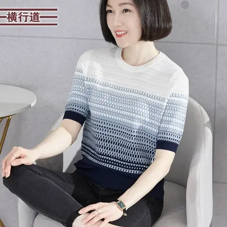 女装2023新款上衣显瘦夏装女圆领条纹宽松中年妈妈款针织短袖女夏商品大图