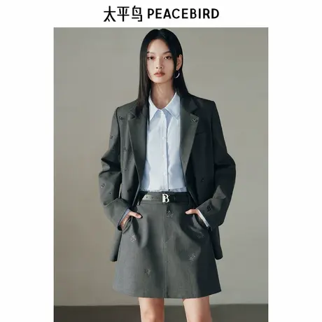 太平鸟钉珠灰色西装外套女2025春装新款品质高级感夹克外套女宽松图片