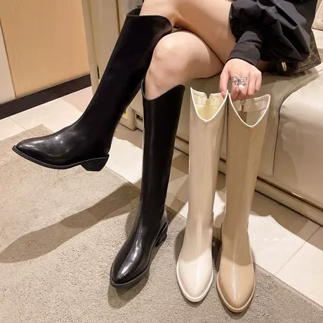 气质显瘦长筒靴女2023新款夏季不过膝法式长靴v口复古百搭骑士靴图片