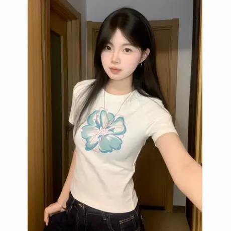 白色正肩显瘦短袖t恤女夏季2025新款修身百搭美式设计感上衣小众商品大图