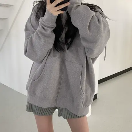 连帽卫衣女宽松bf慵懒风加绒加厚秋冬季韩版学生开衫拉链上衣外套商品大图