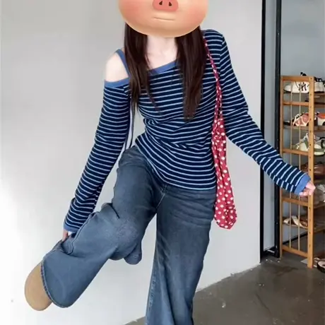 条纹斜肩露肩绑带长袖T恤女春秋季韩版修身打底衫内搭外穿上衣服商品大图