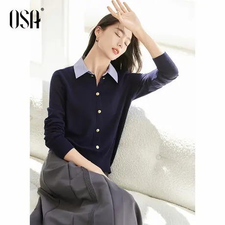 OSA欧莎假两件衬衫领学院风针织衫女2025年秋季新款叠穿毛衣上衣商品大图