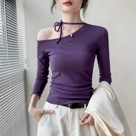 斜领露肩系带长袖T恤女秋季新款别致小众修身辣妹纯欲内搭打底衫商品大图