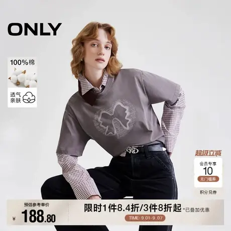 ONLY2025秋季新款甜酷复古做旧宽松剪影爱心印花落肩圆领T恤女商品大图