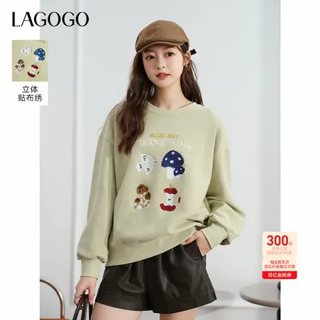 LAGOGO浅绿色蘑菇卫衣女拉谷谷2025年秋季新款慵懒宽松圆领上衣图片