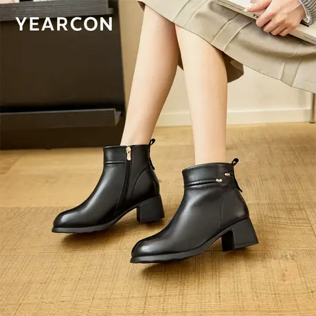 意尔康大码短靴女冬季加绒保暖显瘦厚底粗跟羊皮时装复古宽脚靴子图片