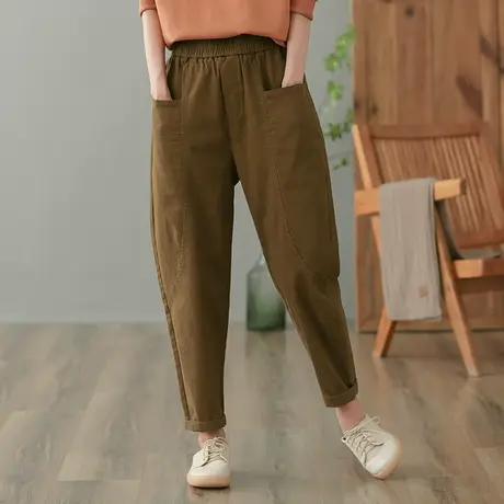 dza 高腰显瘦纯棉工装裤子女2023秋新款长裤休闲哈伦裤宽松直筒裤商品大图