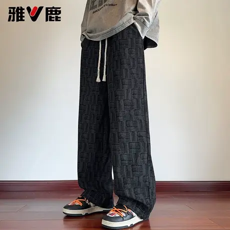 雅鹿港风宽松设计感休闲卫裤2026春夏新款男青年显高显瘦阔腿长裤商品大图