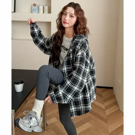 唐狮秋季新款长袖衬衫女连帽时尚休闲格纹撞色百搭女士衬衫TM图片