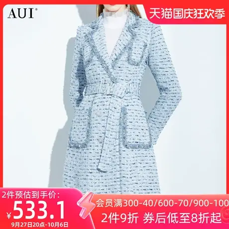 AUI蓝色小香风中长款毛呢外套2023女冬新款修身气质西装呢子大衣图片