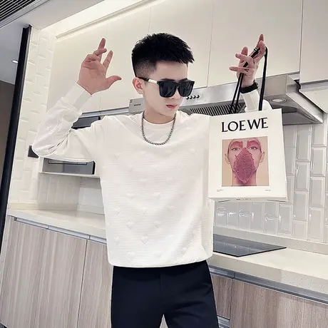 网红爆款修身卫衣男秋季上衣长袖打底衫个性休闲青年痞帅提花外套图片