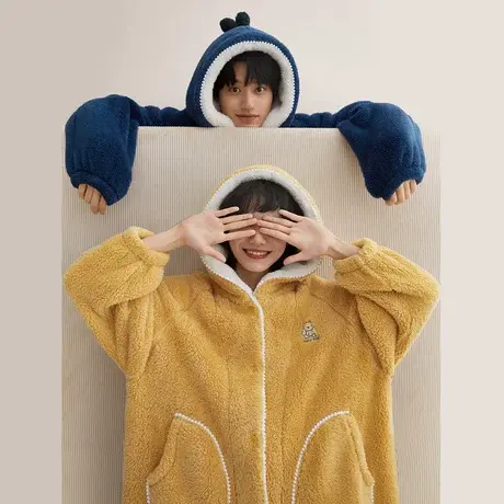 红豆情侣睡袍冬季加绒珊瑚绒浴袍可外穿休闲家居服男士加厚睡衣女商品大图