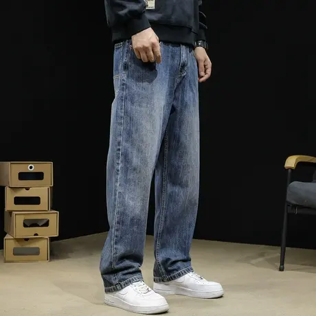 直筒牛仔裤男2023新款秋冬款加绒加厚宽松大码潮牌长裤子男裤深蓝图片