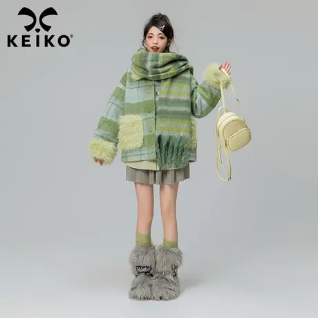 KEIKO [夹棉] 时髦绿格子毛呢外套2023秋冬韩系复古毛领呢子上衣商品大图