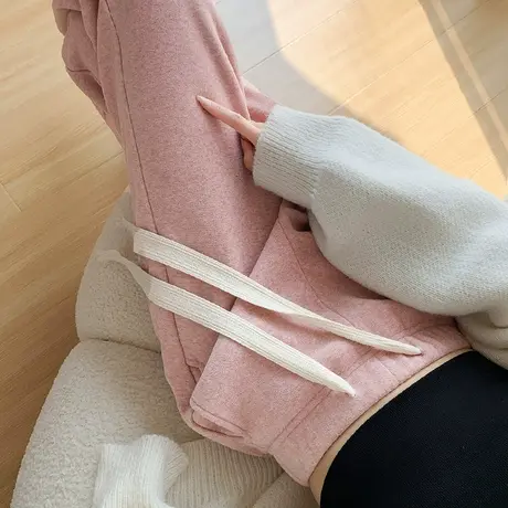加厚加绒裤子女秋冬天宽松阔腿裤女休闲裤松紧腰毛呢裤粉色糯米裤商品大图