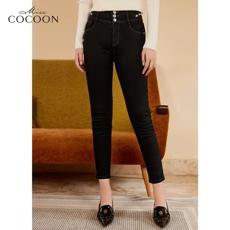 missCOCOON黑色牛仔裤女2023新款春季高腰修身显瘦时尚镶钻小脚裤商品大图