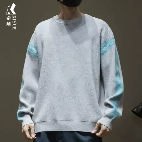 希越设计感撞色圆领毛衣2023秋冬宽松大码12针男士内搭打底针织衫商品大图