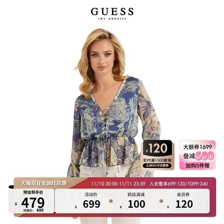 GUESS23年新款秋女士时尚休闲薄款宽松雪纺衬衫上衣-W4RH24WDWT2商品大图