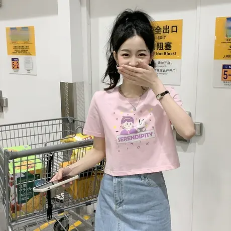 唐狮甜辣小上衣短袖T恤女粉色童趣风夏季ins修身圆领短袖T恤衫潮商品大图