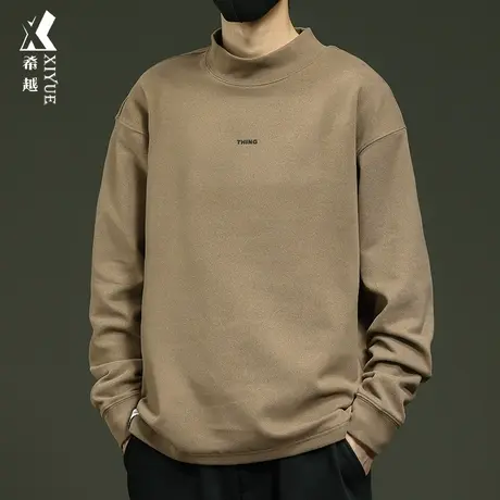 双面德绒半高领打底衫男2023秋冬季宽松大码日系百搭男士长袖T恤商品大图