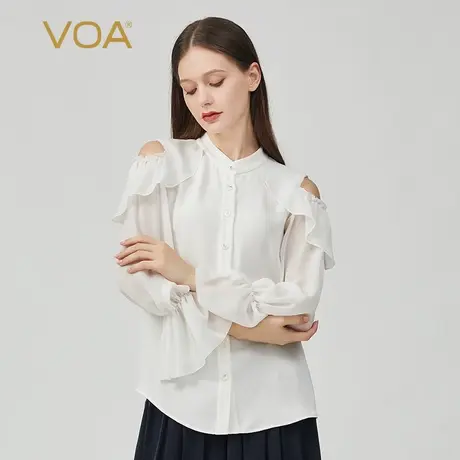 VOA100%桑蚕丝30姆米重磅牛奶白立领喇叭长袖单排多扣圆弧摆衬衫图片
