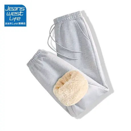 真维斯LIFE灰色裤子女2023年新款加绒加厚小个子宽松针织运动裤潮商品大图