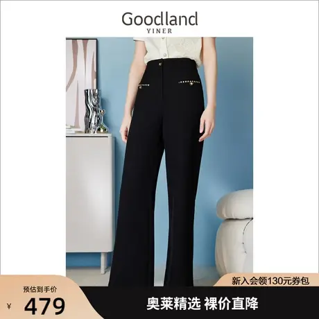 【山茶花系列】音儿美地女装2023夏季新款百搭通勤织带阔腿休闲裤商品大图