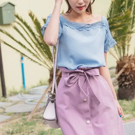 桔熊夏季韩系气质复古风暗纹蕾丝花边拼接方领上衣女装AB9871图片