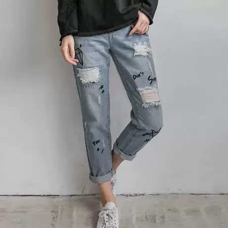 桔熊春秋秋装个性街头潮刺绣破洞胖妹妹浅蓝牛仔长裤女大码BA2971图片