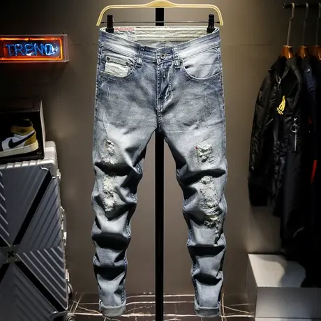 夏季款潮牌破洞牛仔裤男浅色修身小脚男士休闲长裤子男补丁乞丐裤商品大图