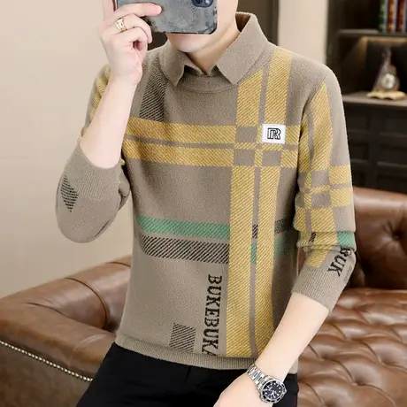 潮流水貂绒假两件毛衣男士秋冬季衬衫领加厚打底针织保暖线衣冬装商品大图